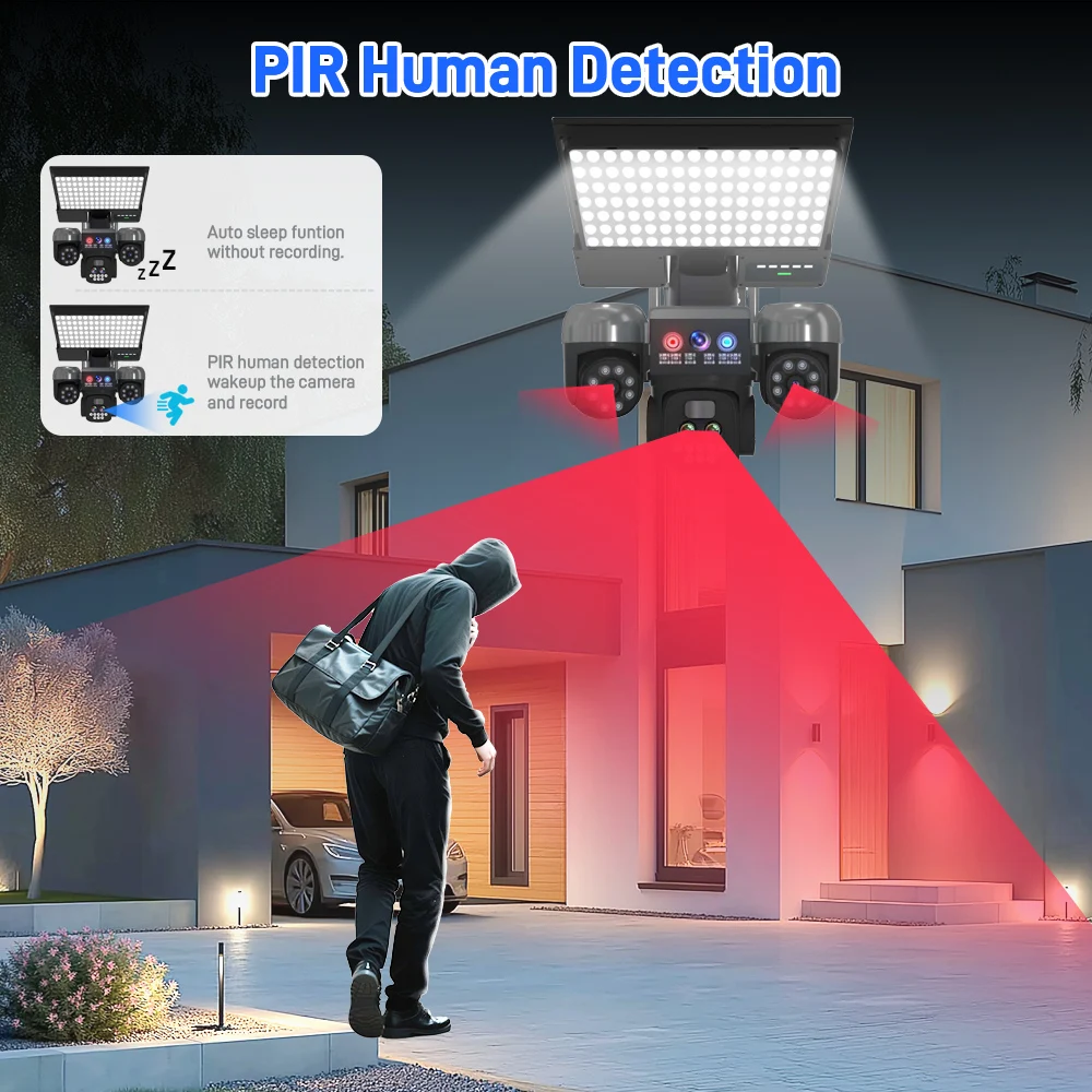 كاميرا CCTV تعمل بالطاقة الشمسية لتتبع التكبير التلقائي، 8 ميجابكسل PTZ، كشف الإنسان، إنذار صفارة الإنذار والأضواء، محادثة ثنائية الاتجاه، لا حاجة إلى سلك