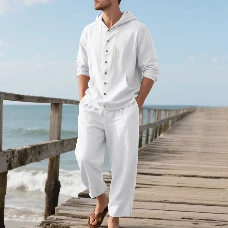 Men's Linen Beach Set Summer Casual Hooded Shirt & Pants 2 Piece Suit Breathable Loose Holiday Outfit Solid Color Vacation Wear view 2