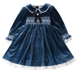 2024 Autumn Winter Warm Velvet Lining Smocked Dresses For Girls Embroidered Princess Christmas Dress New Year Party Kids Outfit