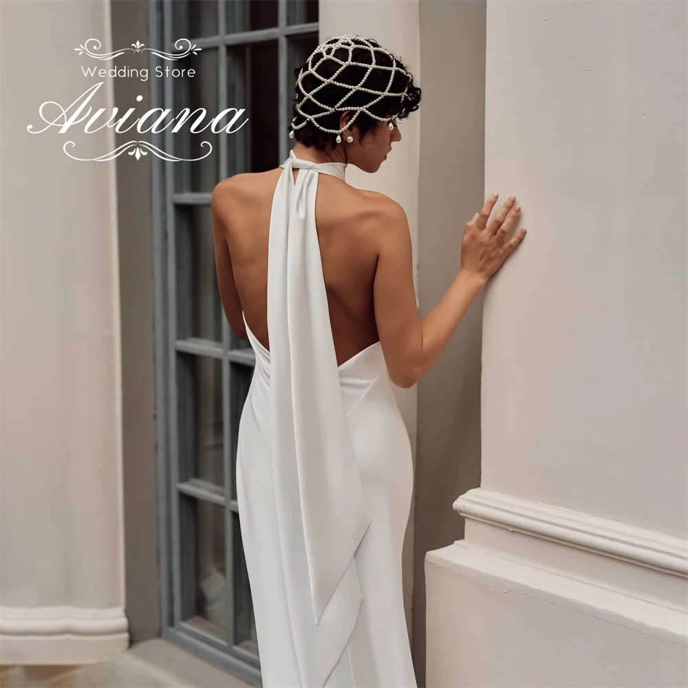 Aviana Maßgeschneidertes Neckholder-Hochzeitskleid, ärmellos, schlicht, Hofschleppe, Meerjungfrau, rückenfrei, 2025, bodenlang, elegant, moderner Strand