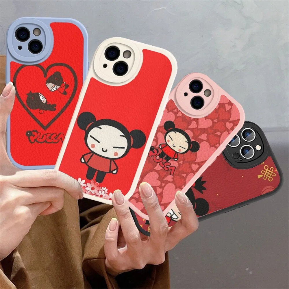 P-Pucca G-Garu Cute Phone Case Hard Leather For IPhone 16 15 14 13 12 Mini 11 14 Pro Max Xs X Xr 7 8 Plus Fundas