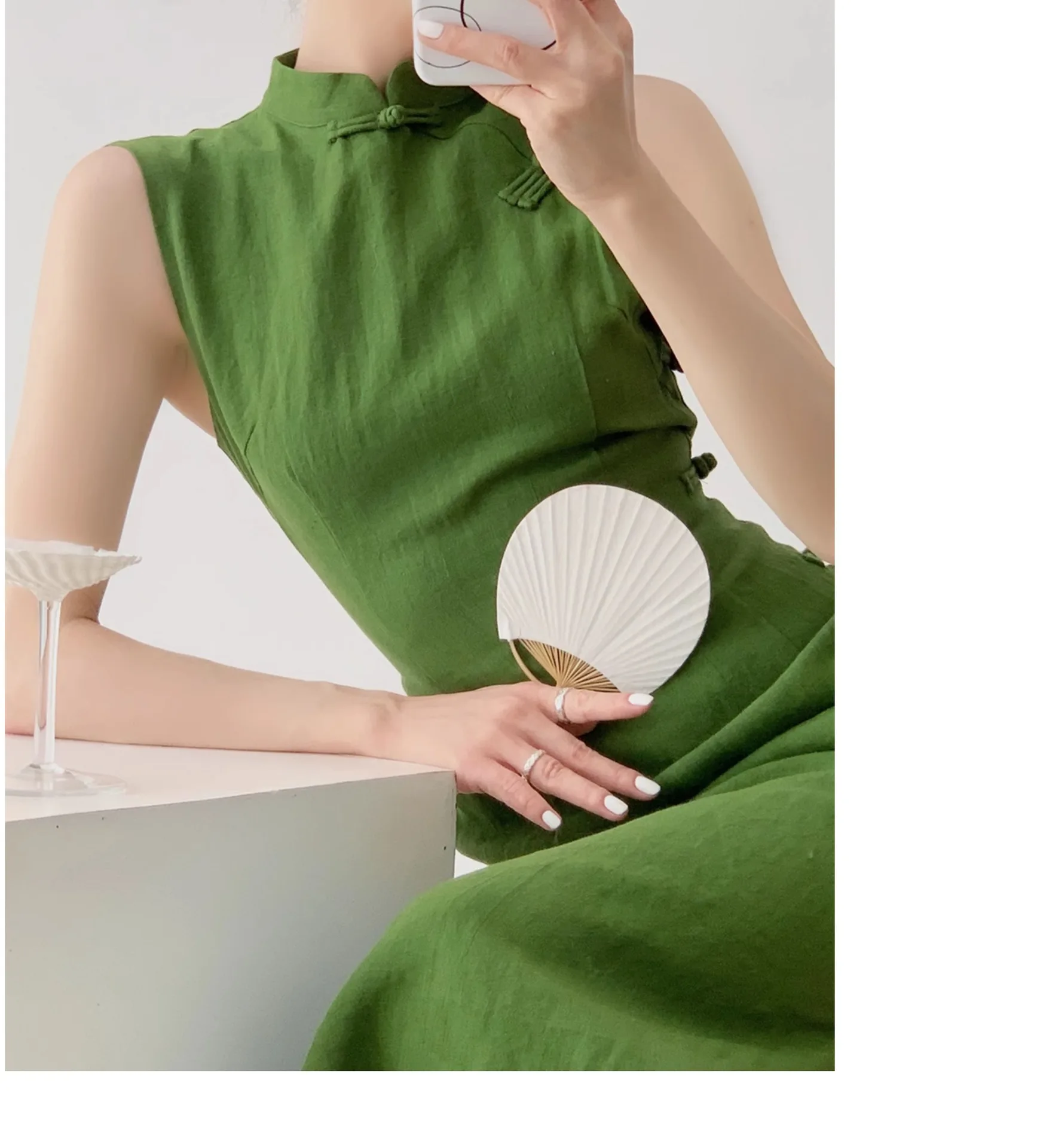 2025 Qipao Vintage Elegante Verde Sem Mangas Cheongsam Vestido Tradicional Estilo Chinês Vestido de Noite Vestido Chinês