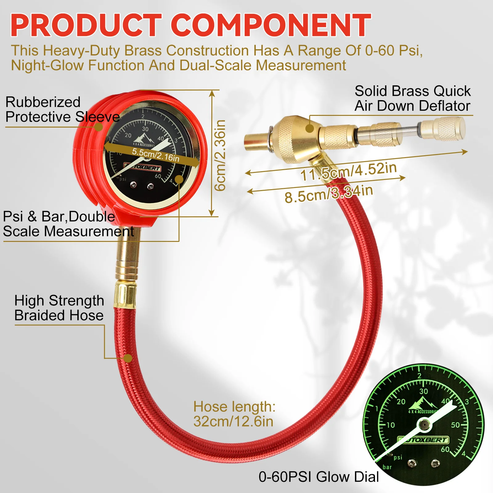 مجموعة أدوات تفريغ الإطارات من RapidFlow 0-60 رطل لكل بوصة مربعة بمقياس مزدوج لقياس ضغط الهواء لشاحنة جيب ATV SUV إلخ ملحقات الطرق الوعرة 4x4