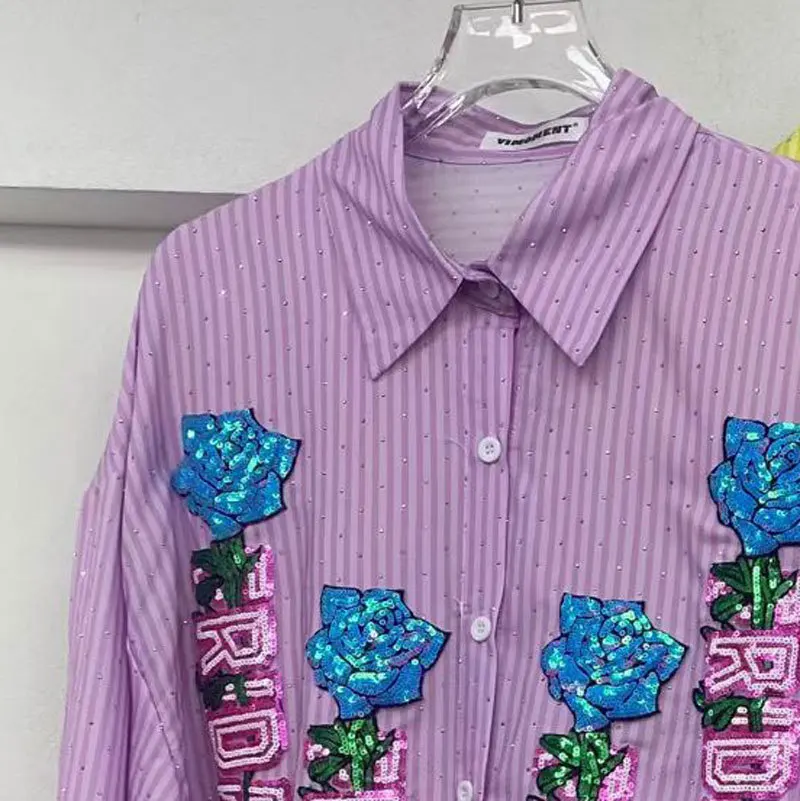 Trendy Embroidery Sequins Letters Loose Cardigans Top New 2026 Spring Autumn Elegant Diamonds Mid-long Casual Stripes Shirts