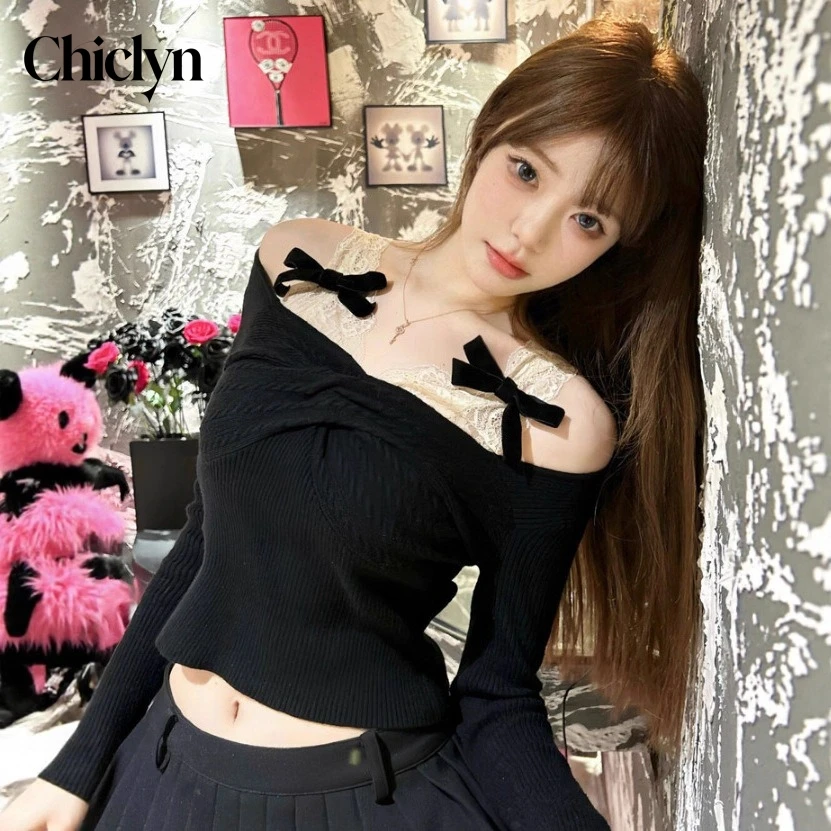 V-Neck Long Sleeve Knitwear Grey Shoulder Bared Base Layer Pure Desire Sexy Short Top for Women Autumn Season Base Layer Inner W