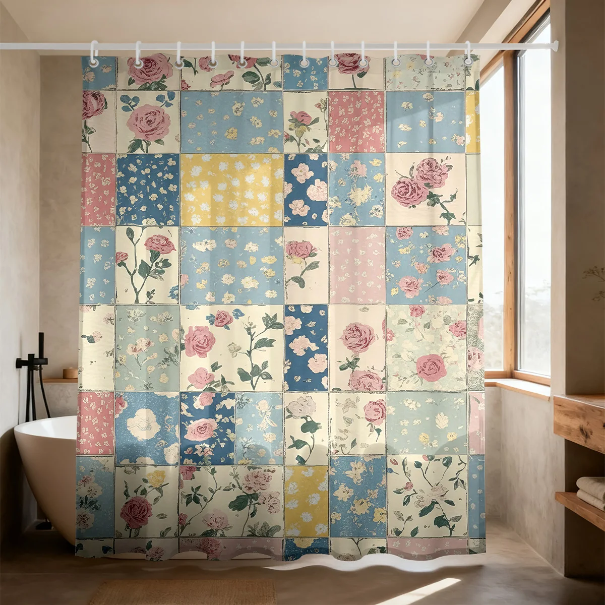 Shabby Chic Patchwork Pastel Floral Grid Pattern Pink Blue Yellow Rose Blossom Quilt‑Look Bath curtain, Cozy Soft Warm Throw
