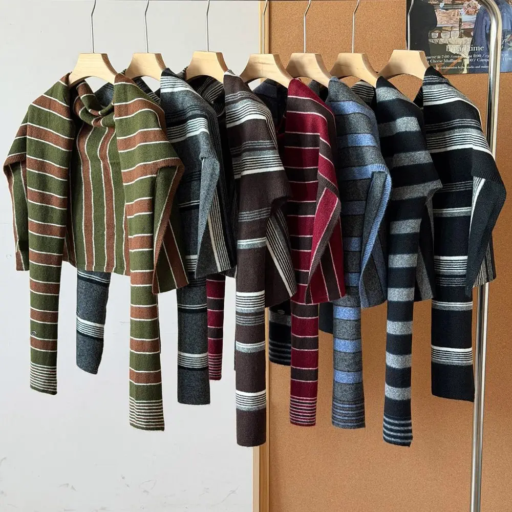 Retro Cape T-Shaped Striped Shawl Cloak Warm Large Wraps Windproof Wool Blend Neck Warmer Women