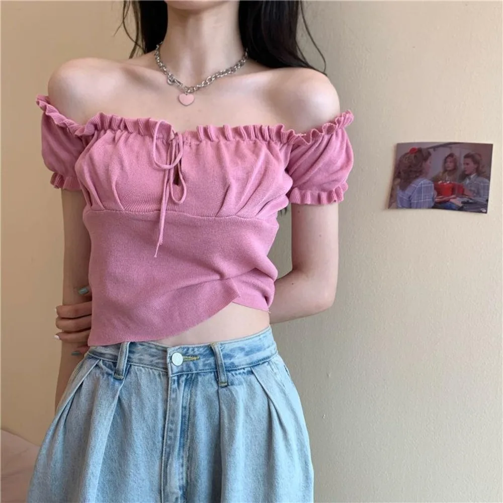 Women T-shirt Off-the-shoulder Puffy Sleeve Top Crop Top Summer Pleated Bandage Tee Shirt Ruched Square Neck Drawstring T-shirt