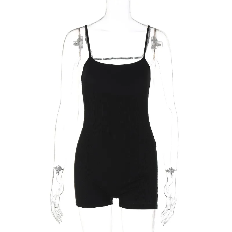 Nuevo Jersey negro Sexy ajustado con espalda descubierta para mujer, camisola, mono, moda de verano, mono deportivo informal sencillo sin mangas, pantalones cortos