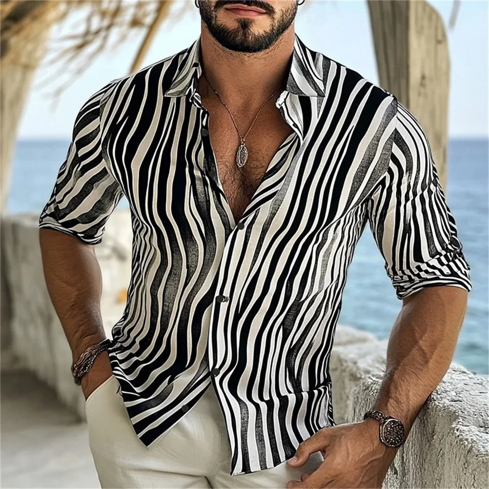

2025 Men's Striped Wave Shirt Casual Formal Long Sleeve Fashion Holiday Lapel 3D Printed Lapel Shirt Black + White S-6XL