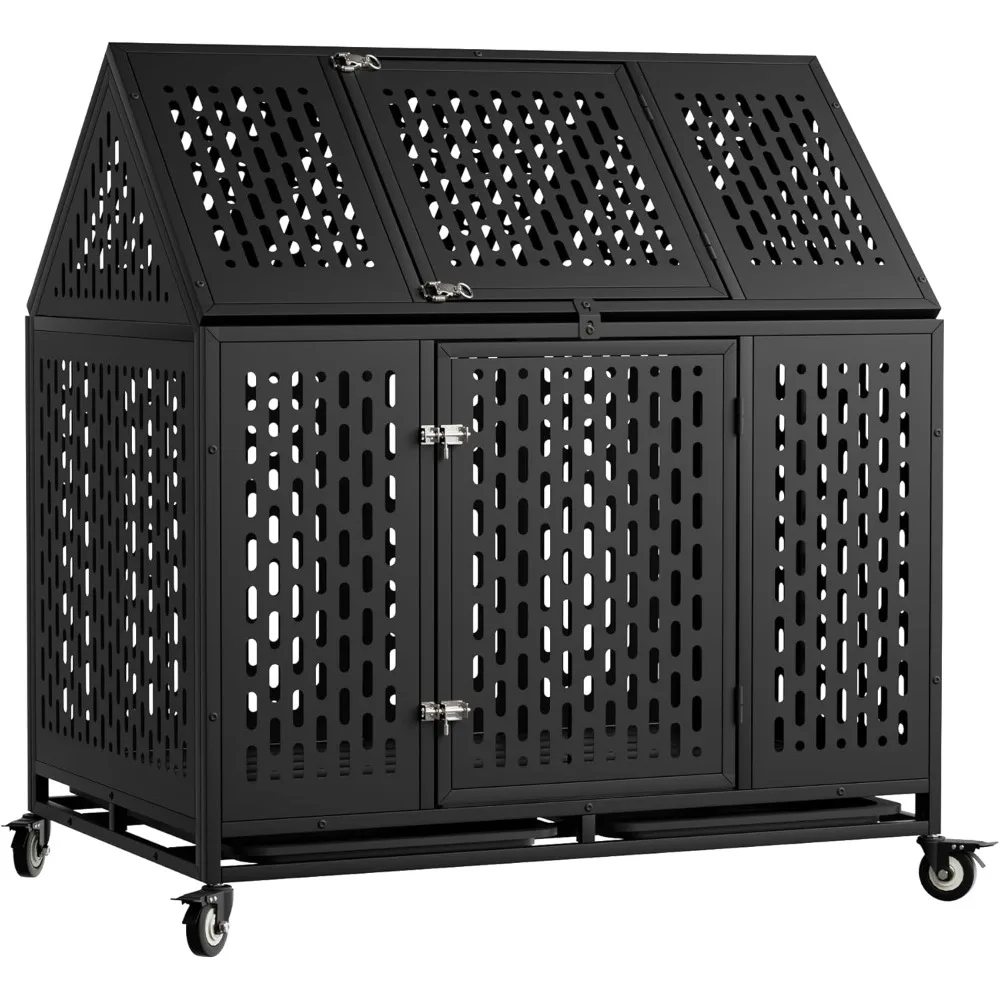 

44 Inch Heavy Duty Indestructible Dog Crate Steel Escape Proof, Indoor Double Door Chew Proof Cage, High Anxiety Kennel with Whe