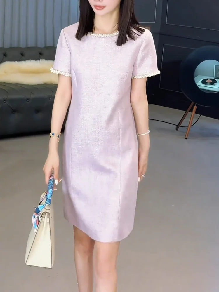 

Elegant Short Sleeve Dress Stylish plus Size Slimming Midi Dress Korean Style Loose Fit A-Line Skirt round Neck Mid-Length
