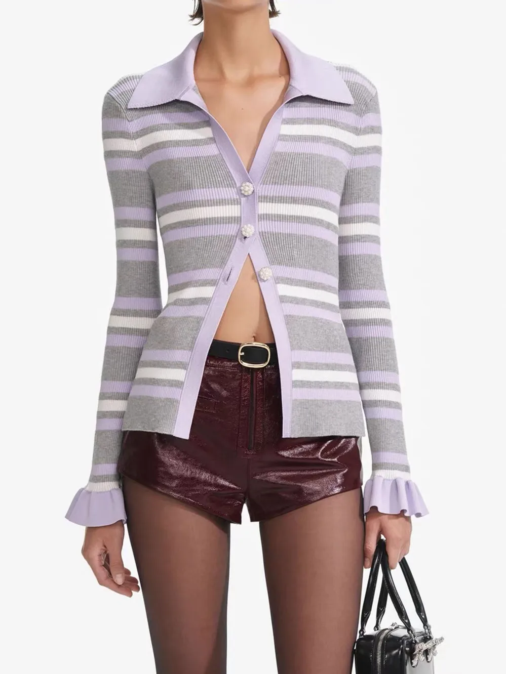 

High-End ay-and-Purples Stripes Knitted Sweater Vest Sweet AND Slim-Fit Commuter Sle V- Ne Long Sve Autumn Faion