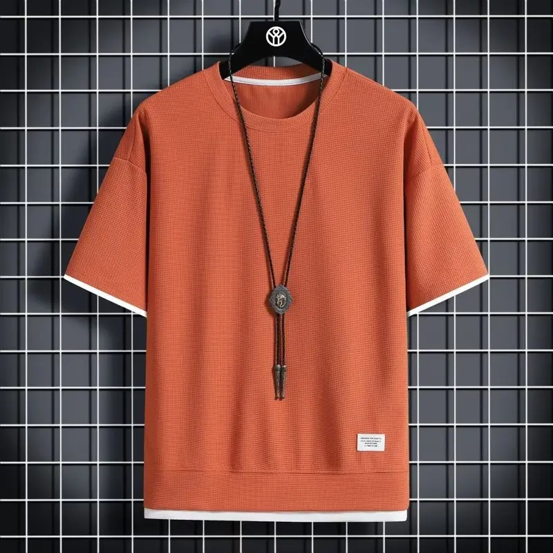 Waffle Round Neck Short Sleeve Men's T-Shirts Summer New Fake Two-Piece Loose Large Size Ice Silk Thin Five-Point Sleeve Top