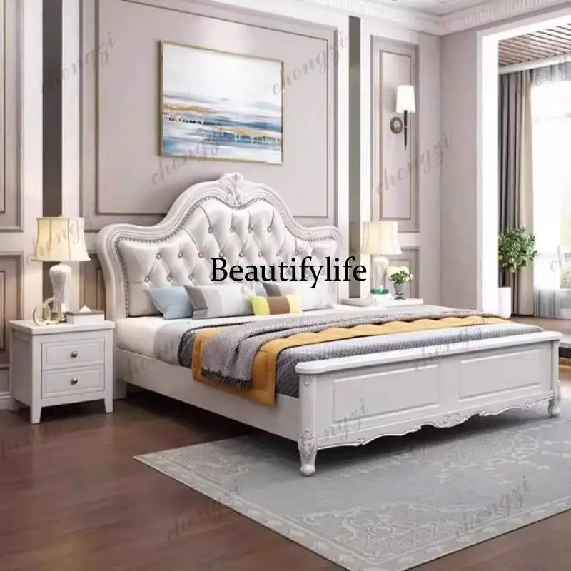 White Blue European Double Bed Elegant Normal Storage Wood European Double Bed Japanese Modern Cama Matrimonial Furniture