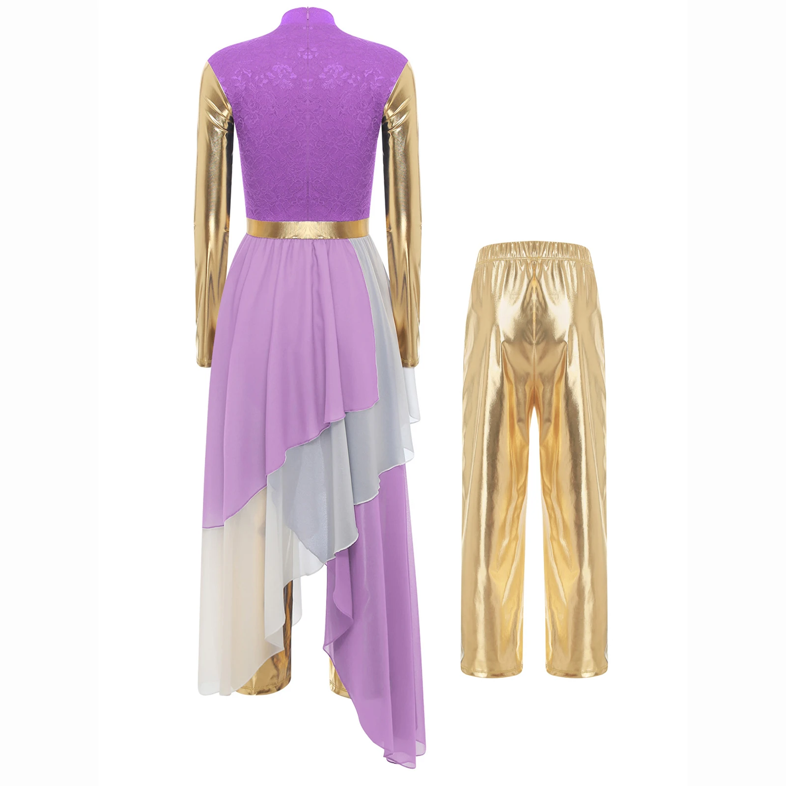 여자 liturgical 칭찬 댄스 복장 긴 소매 레이스 패치 워크 불규칙한 밑단 드레스 + 메탈릭 바지 교회 공연 댄스웨어