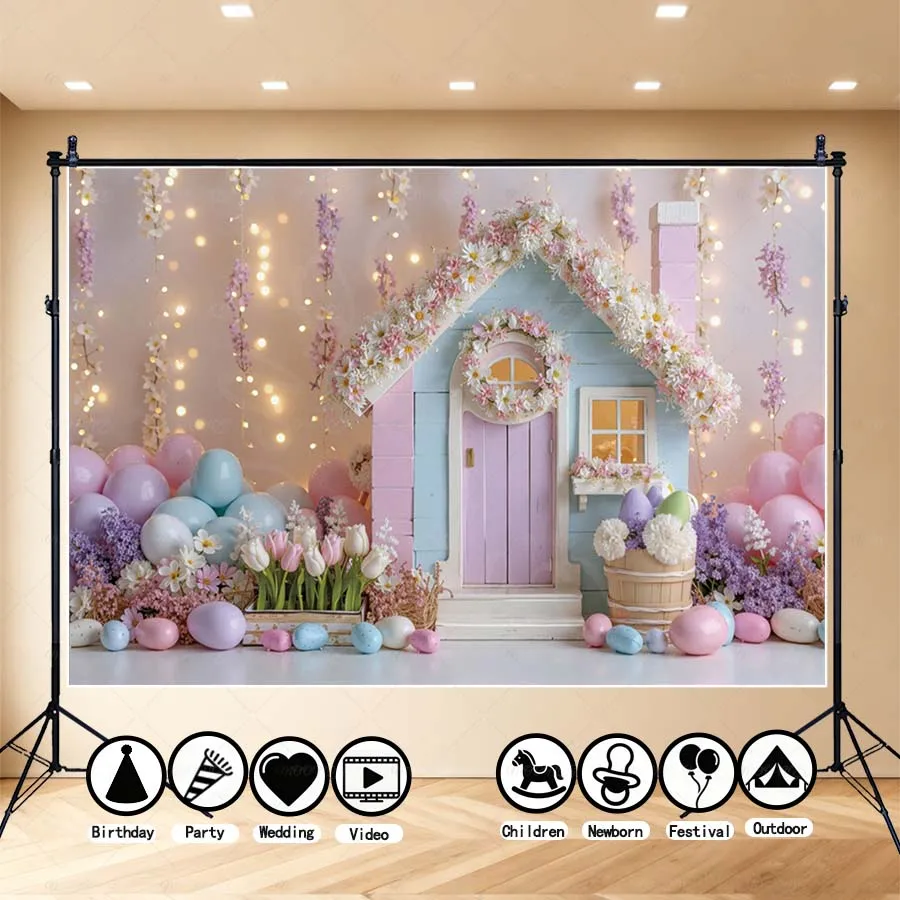 

MOON.QG Easter Day Spring Floral Sweet Cottage Backdrop Pastel Balloon Eggs Baby Party Photography Background For Photo Studio