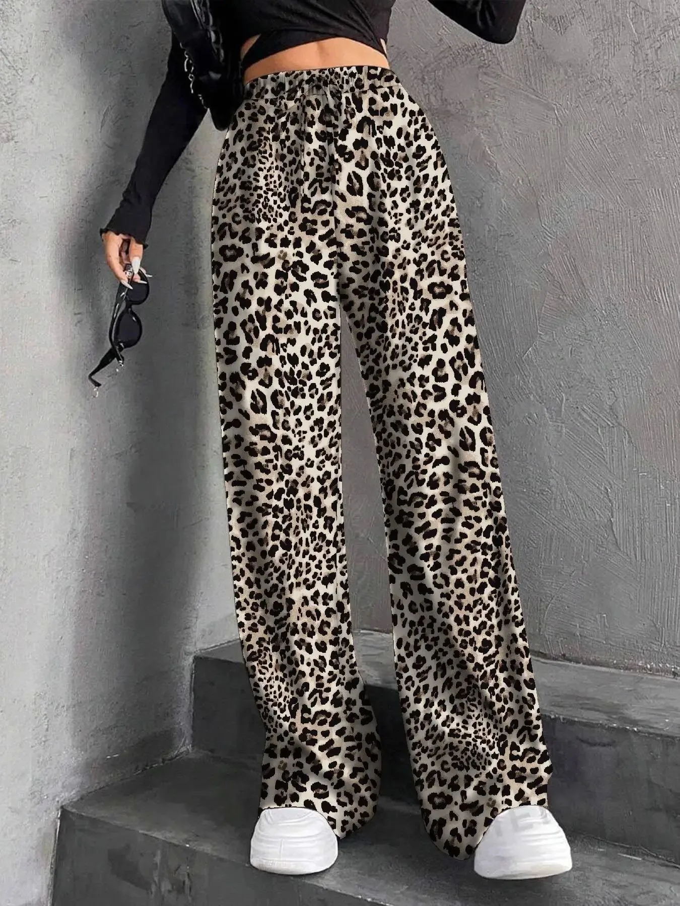 Elastic Waist Straight Leg Wide Leg Pants Women's Loose Fit Casual Trousers Leopard Print Zipper Closure Daily Wear