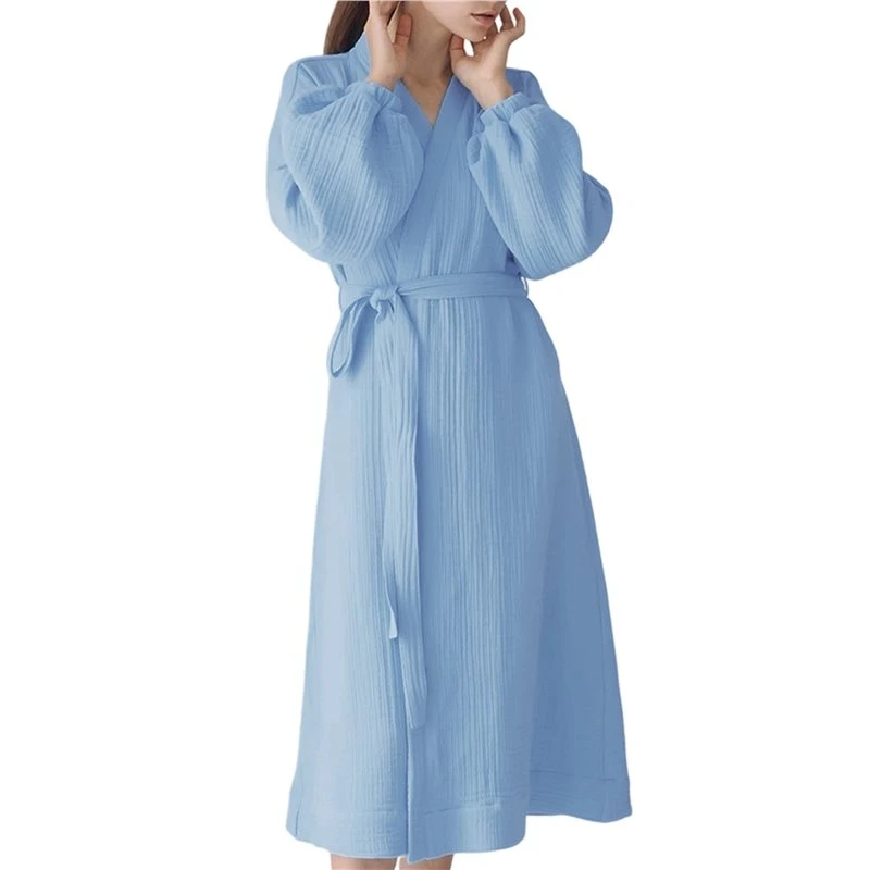 Women's Crinkle Cotton Wrap V Neck Long Sleeve Belted Long Robe Blue S