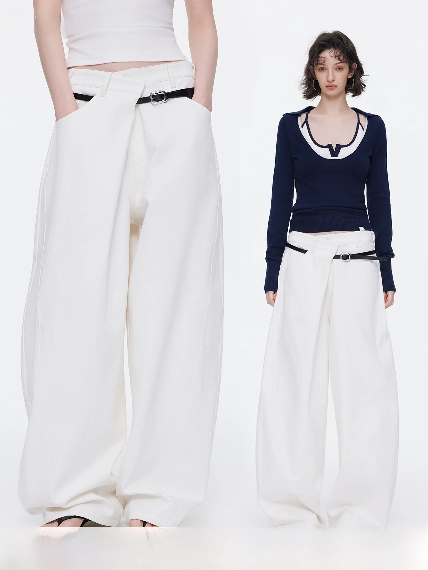 

Asymmetric Waist Knife Wide Leg Pants Women's Loose Fit Cotton Denim Jeans White Color Commute Friendly Durable