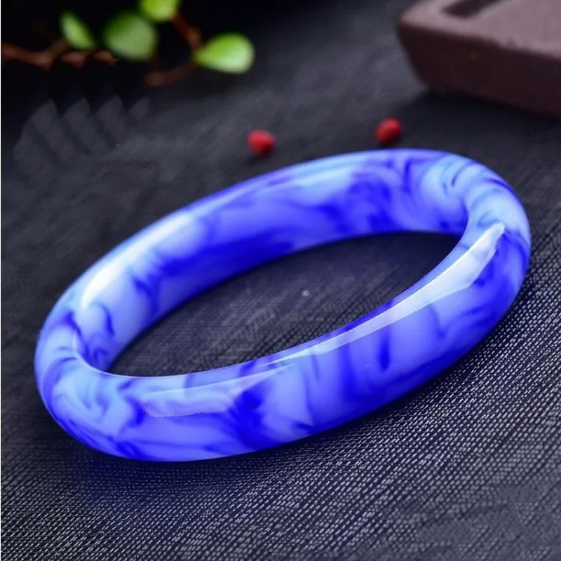 Natural Blue Hand Carved Wide Jade Bracelet Fashion Boutique Jewelry Trend Women's Blue and White Bracelet