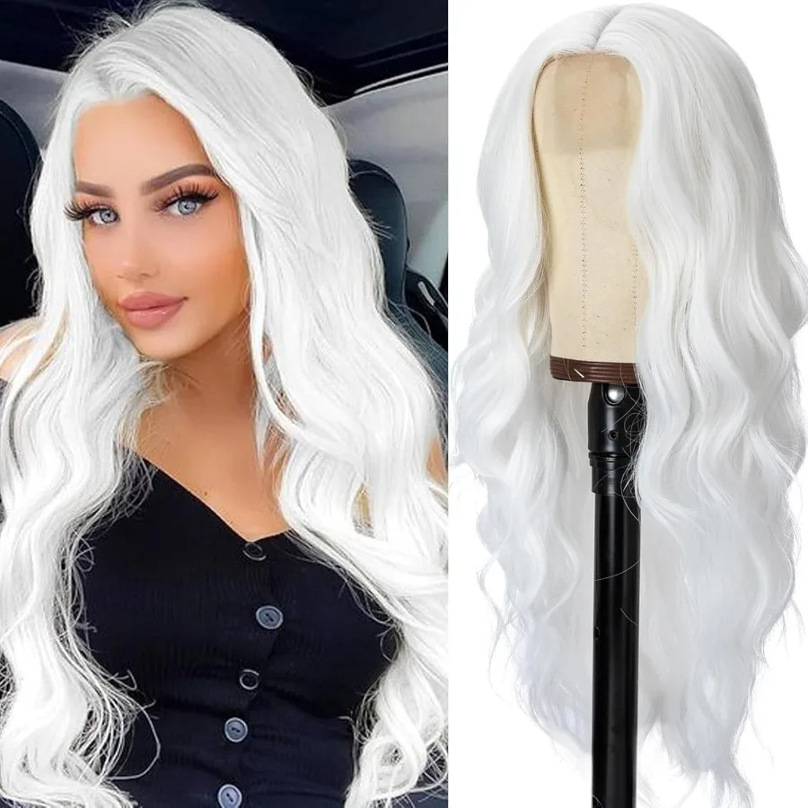 Długa, falowana peruka syntetyczna typu lace front dla kobiet, 66 cm, odporna na ciepło, z przedziałkiem na środku, o naturalnym wyglądzie.