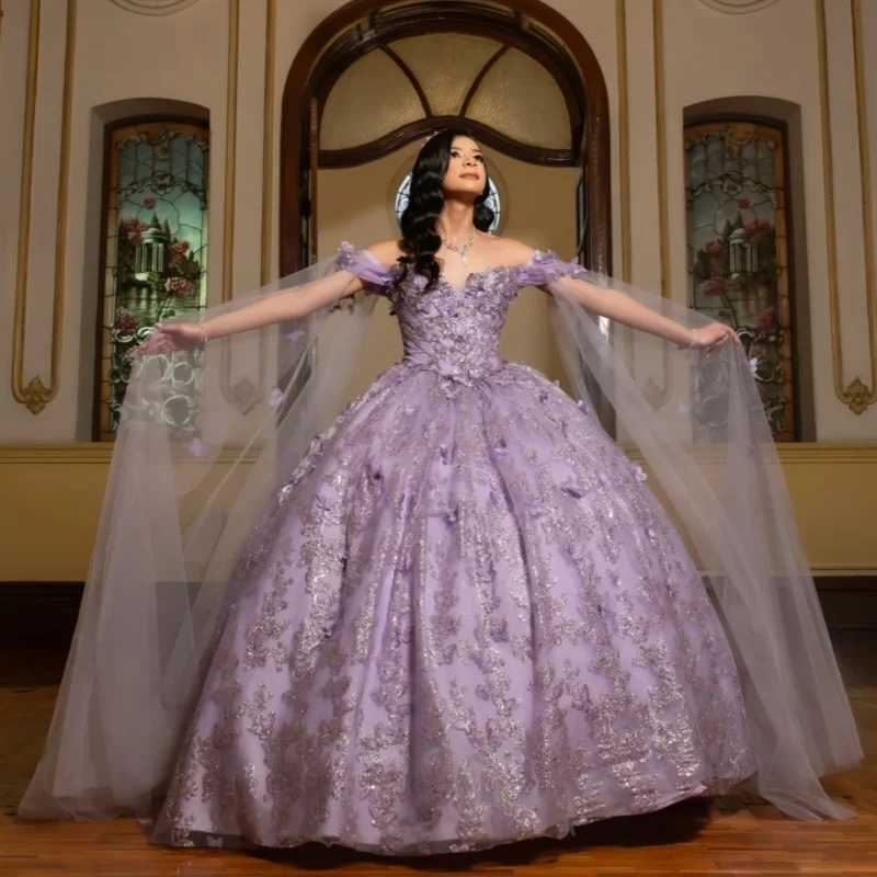 

Shiny Purple Quinceanera Dress off-shoulder Glitter Crystal Butterfly Decal Long tail vestidos de 15 Quinceanera ﻿Customize