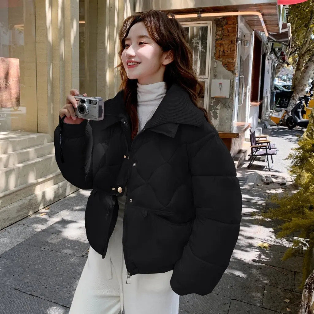 

Women's Knitted Short Puffer Jacket Diamond Pattern Loose Fit Warm College Style Winter Outerwear New