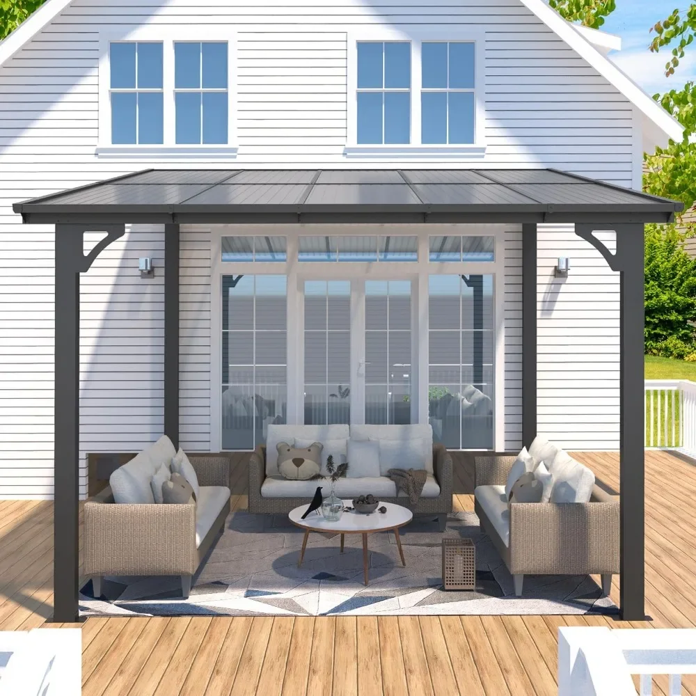 10' X 8' Gazebo, Wall-Mounted Lean To Gazebo Pergola with Roof (80 Sq.Ft Shaded) on Clearance, Hard Top Heavy Duty Awnings