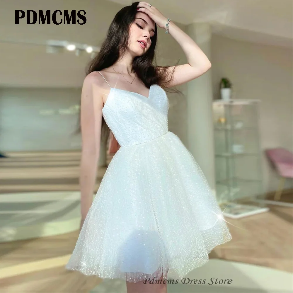 PDMCMS gaun pernikahan Mini berkilau gaun pesta pengantin pendek Model A Line tali Spaghetti gaun pengantin leher V gaun pengantin kustom Vestidos De Festa