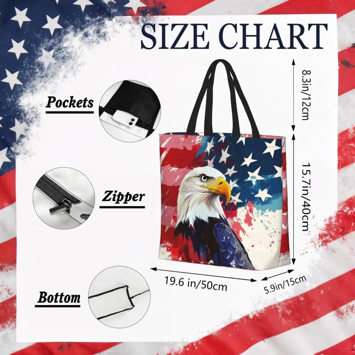 Bolso de mano con bandera americana con cremallera, bolso patriótico grande para mujer, asas reutilizables, compras multiusos y resistentes