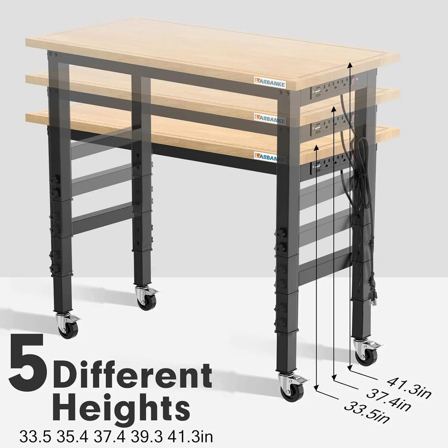 Bancada ajustável com rodas de freio, madeira Worktable, borracha madeira Workbench, peso capacidade sobre 2000 lbs, 5 D