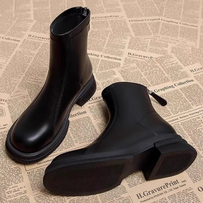 Winter Women\'s Ankle Boots Low Heel Round Toe Square Root Fashion Boots PU Solid Color Back Zipper Casual Simple Women\'s Shoes