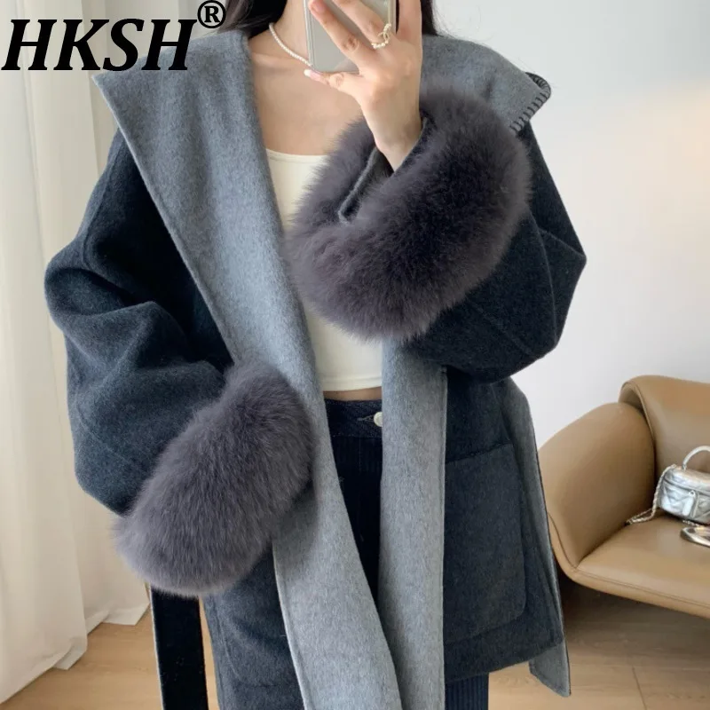 

HKSH 2025 Autumn Winter New Overcoat Color Block Spliced Cuff Faux Fur Hooded Belt Pocket Ins Double-Sided Woolen Jacket HK12530