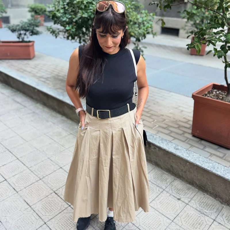 Vestido holgado plisado de retales de color caqui para mujer, vestido largo sin mangas con cuello redondo, vestido informal elegante para uso diario en la oficina para verano 2025