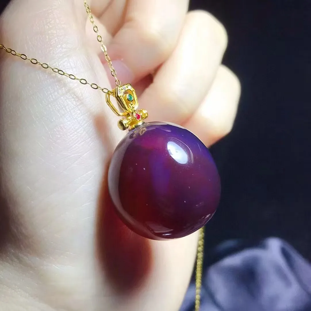 Natural Violet Amber Pendant with Solid Silver Setting 22.8mm Round Bead Purple Amber Necklace for Women Jewelry Gift