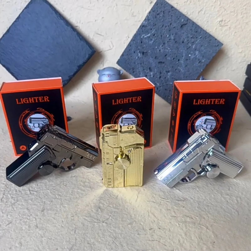 Multi Functional Folding Dual Form Decompression Gyro Gun Shaped Lighter with Creative Deformation and Windproof Red Flame