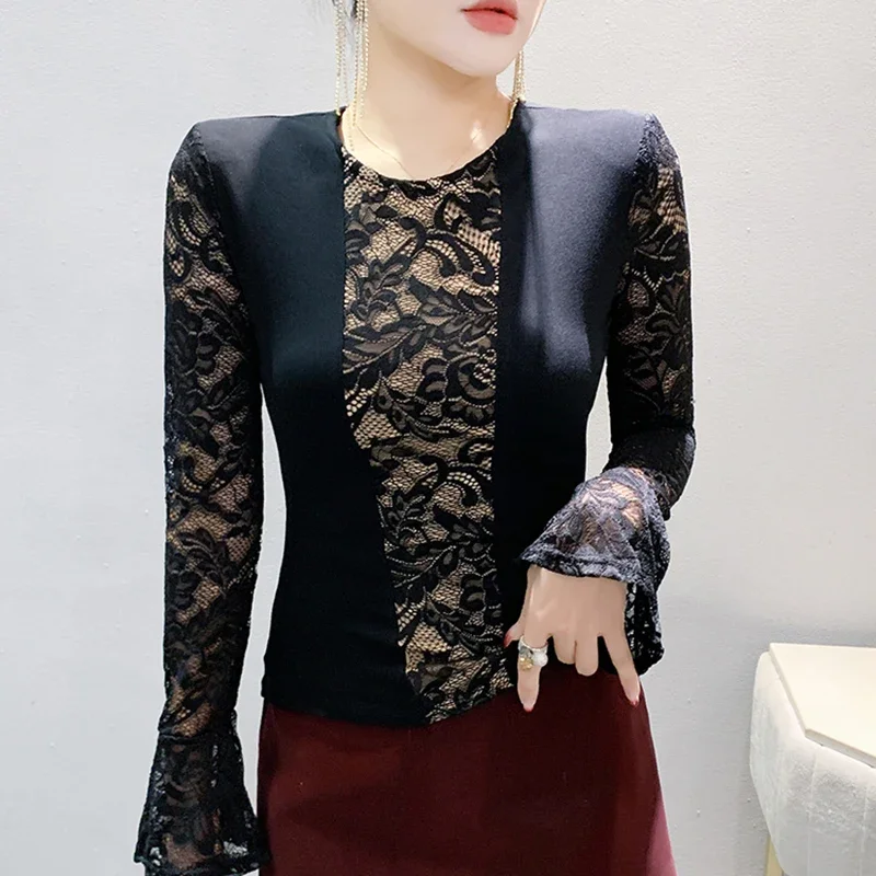 Top in pizzo sexy sottile elegante M-3XL T-shirt da donna con scollo a maniche lunghe autunno inverno Blusas nere