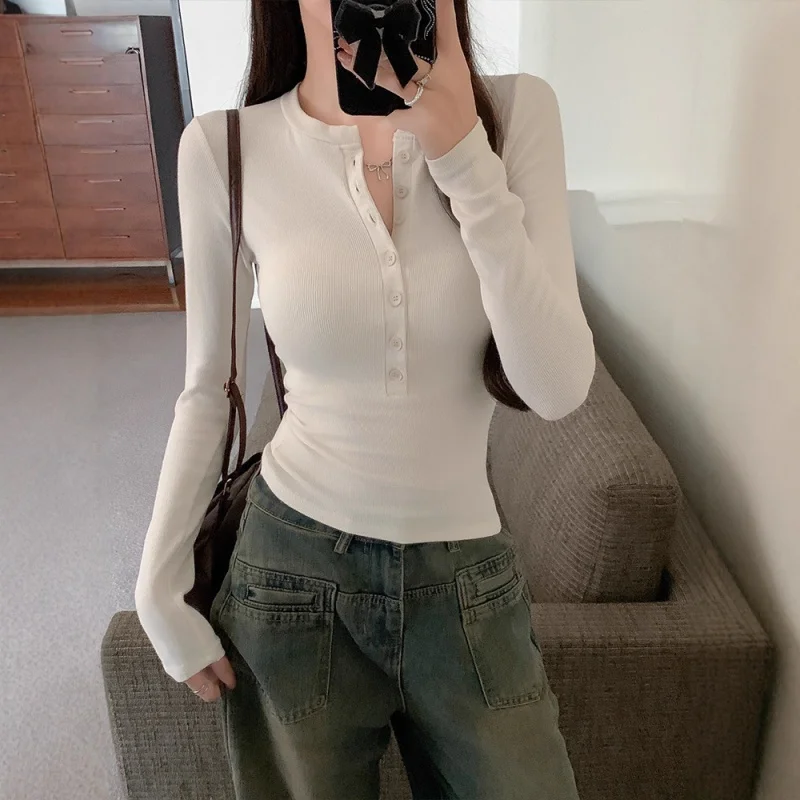 2026 New Winter T Shirt Women Half Open V-neck Button Tee Shirt Long Sleeved Skinny Slim Base Tshirt Sexy Crop Top Clothes Woman
