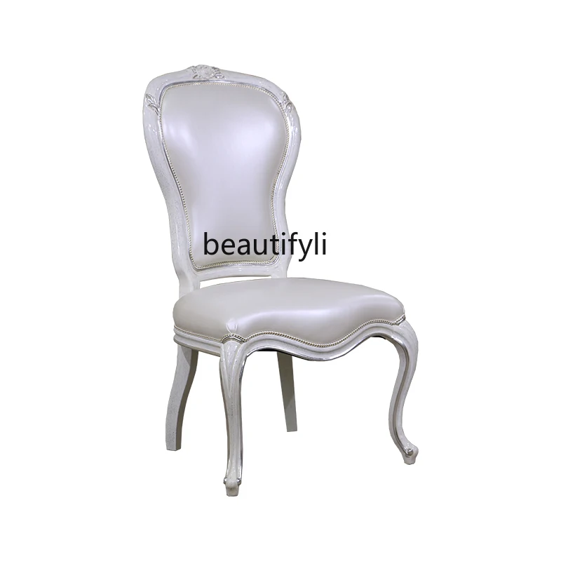 

European-Style Solid Wood Dining Chair Handmade Carved Vintage Distressed Dining Chair Villa Drawing Silver Craft Chair