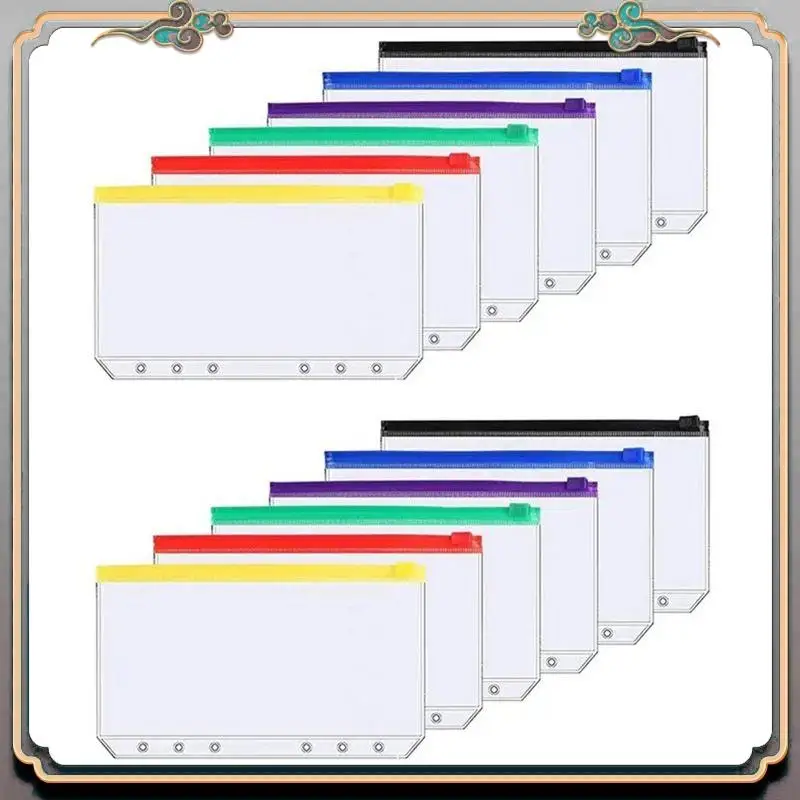 

A46M-12Pcs A6 6-Hole Binder Pocket Waterproof PVC Budget Envelopes Zipper Binder Pouches For Notebook Planner Journey Binders
