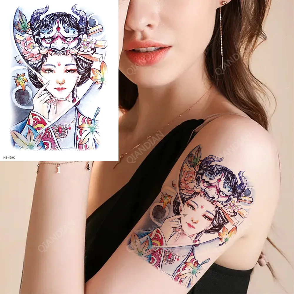 Large Geisha Girl Waterproof Temporary Tattoos Sticker Colorful