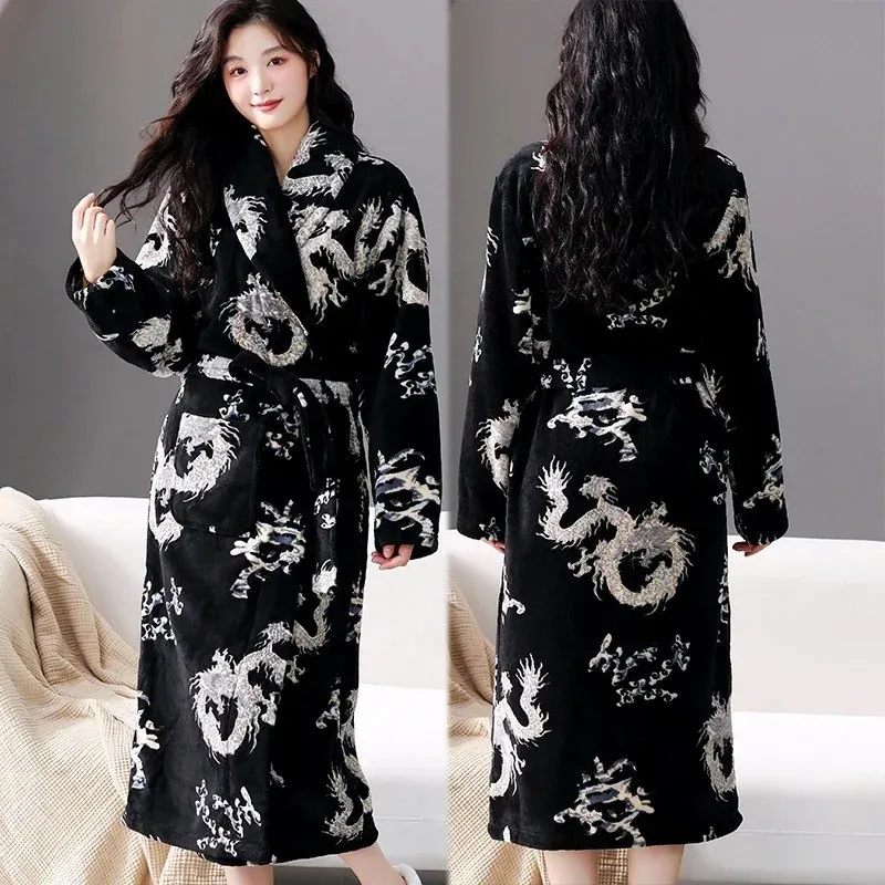 Coral Fleece Kimono Bathrobe Women Winter Thick Keep Warm Casual Flannel Long Robe Sleepwear Plush Lounge Nightgown Loungewear