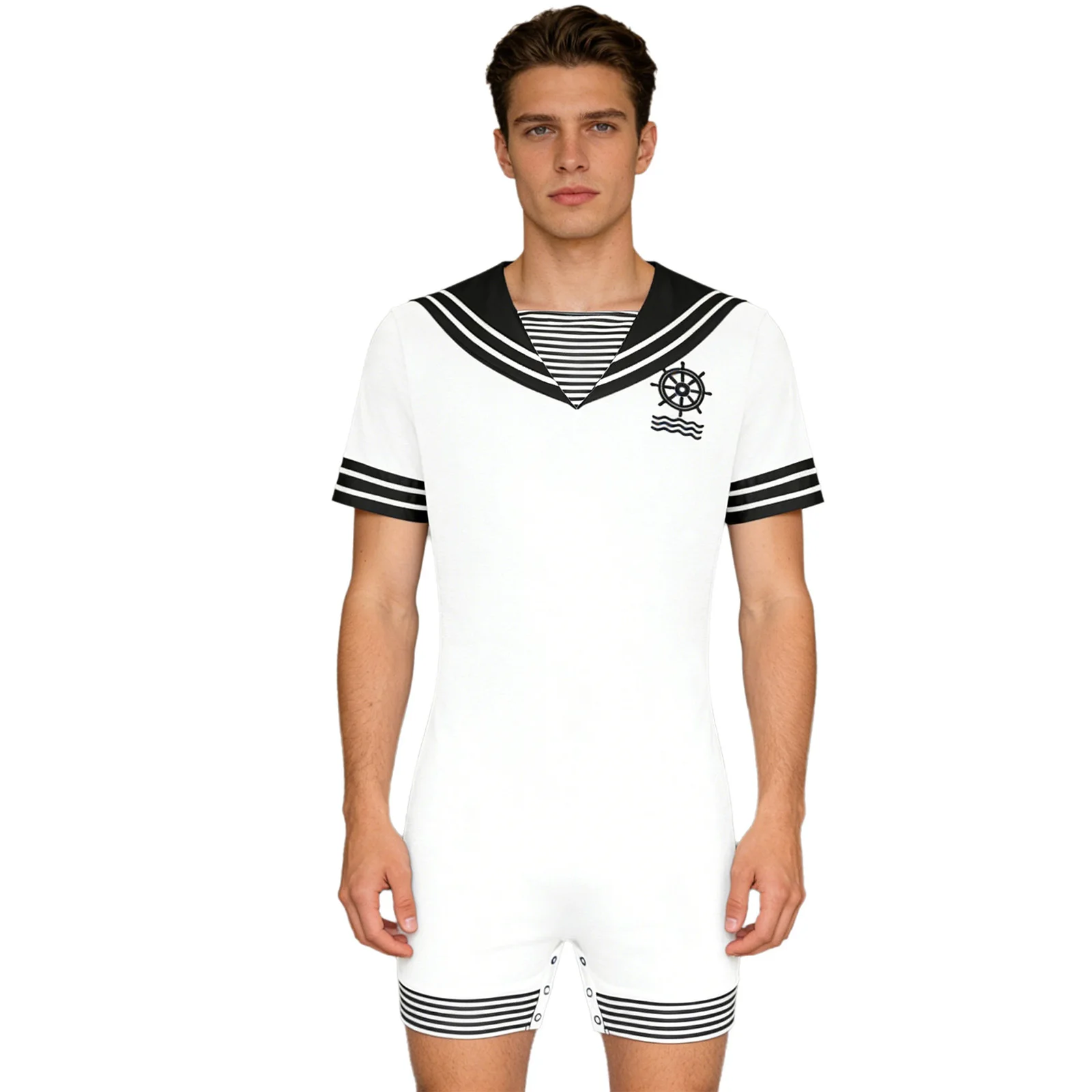 Mens Pressing Button Crotch Print Romper Sailor Pajamas Bodysuit One-Piece Navy Collar Short Sleeve Bodysuit Sleepwear Jumpsuit