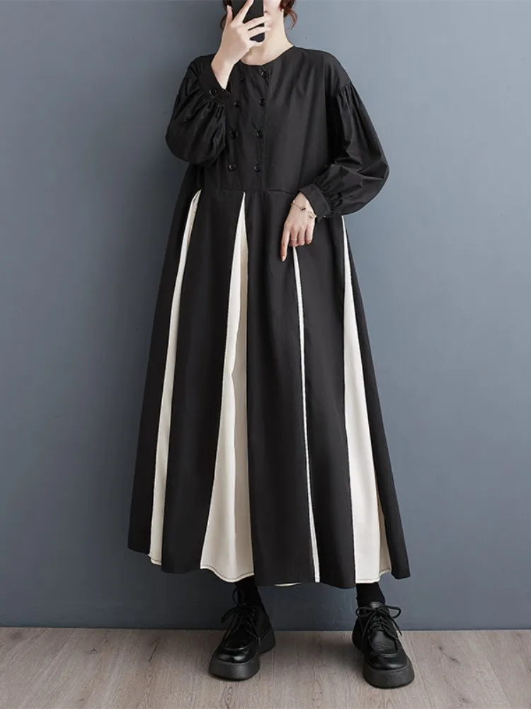 Oversized Autumn Pleated Long Sleeve Dress Women Korean Fashion 2024 Patchwork Ladies Dresses Casual Loose Midi Woman Dress