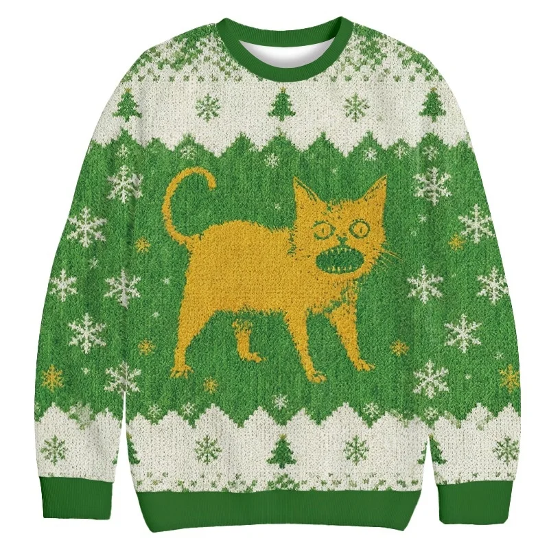 Moda hombre Horrible gato japonés Navidad feo sudadera Vintage otoño manga larga cuello redondo suéter jerseys de gran tamaño