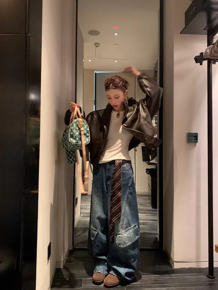 

Женские широкие джинсы DULA Street Style: свободные повседневные брюки из денима с завязками, низкой посадкой, осенние, модные