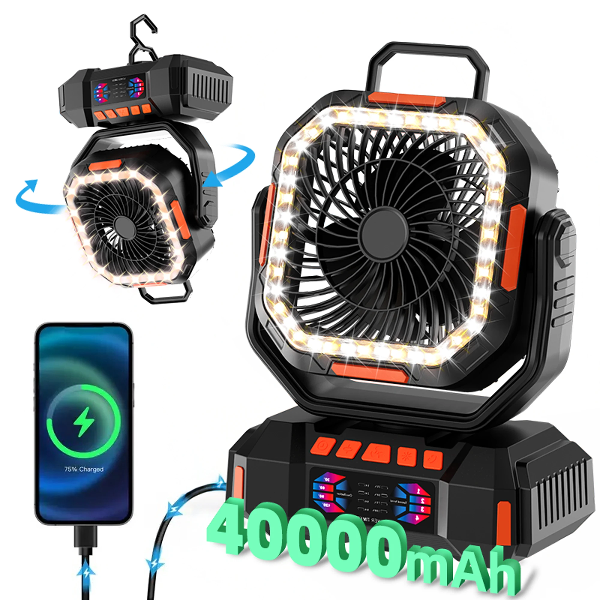 

40000mAh Portable Outdoor camping Fan With Remote LED Light Hook USB Charging Desk Fan for Hiking Fishing Picnic Emergency