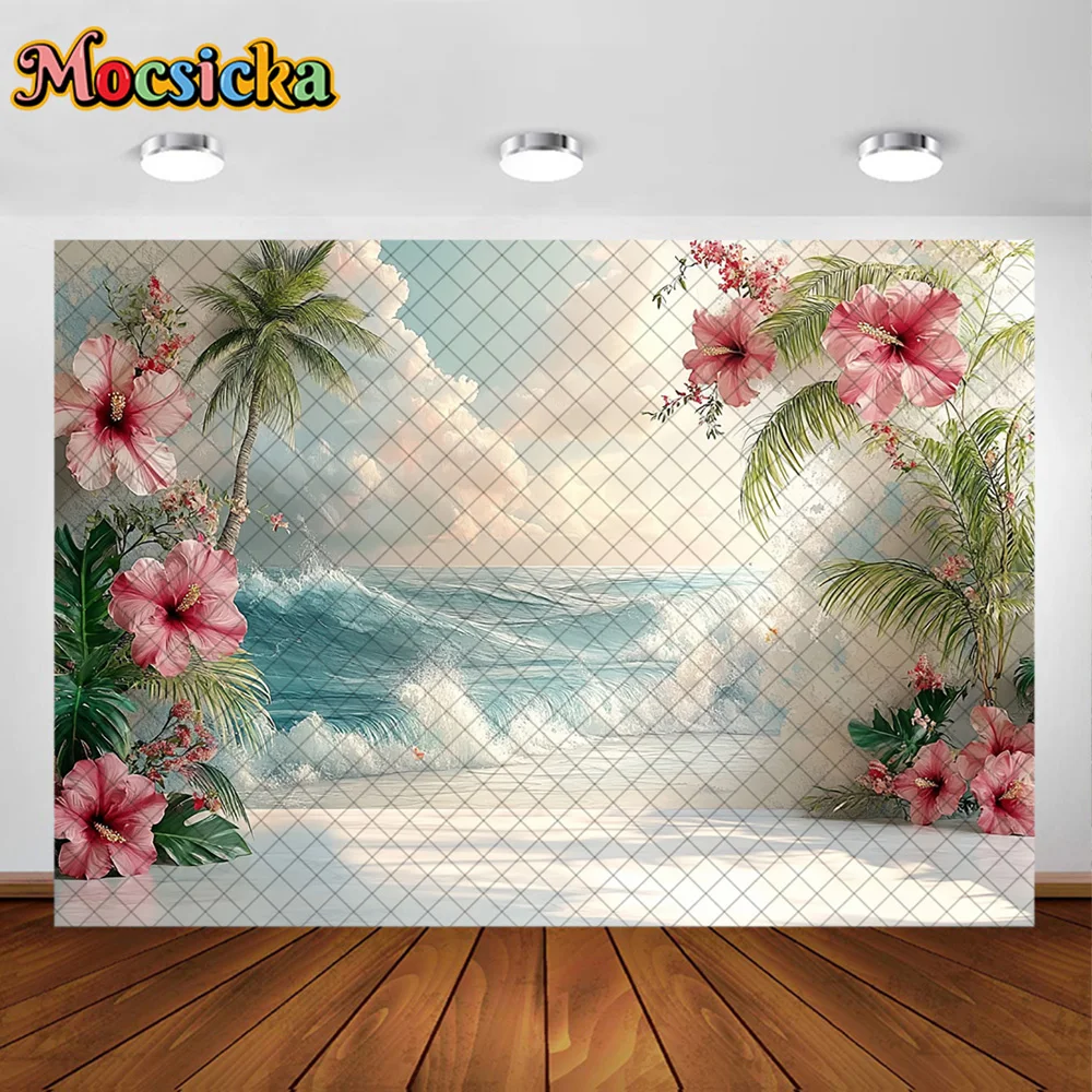 Mocsicka Photography Background Summer Beach Ocean Flowers Decoration Backdrop Baby Shower Children 1st Party Prom Studio Props