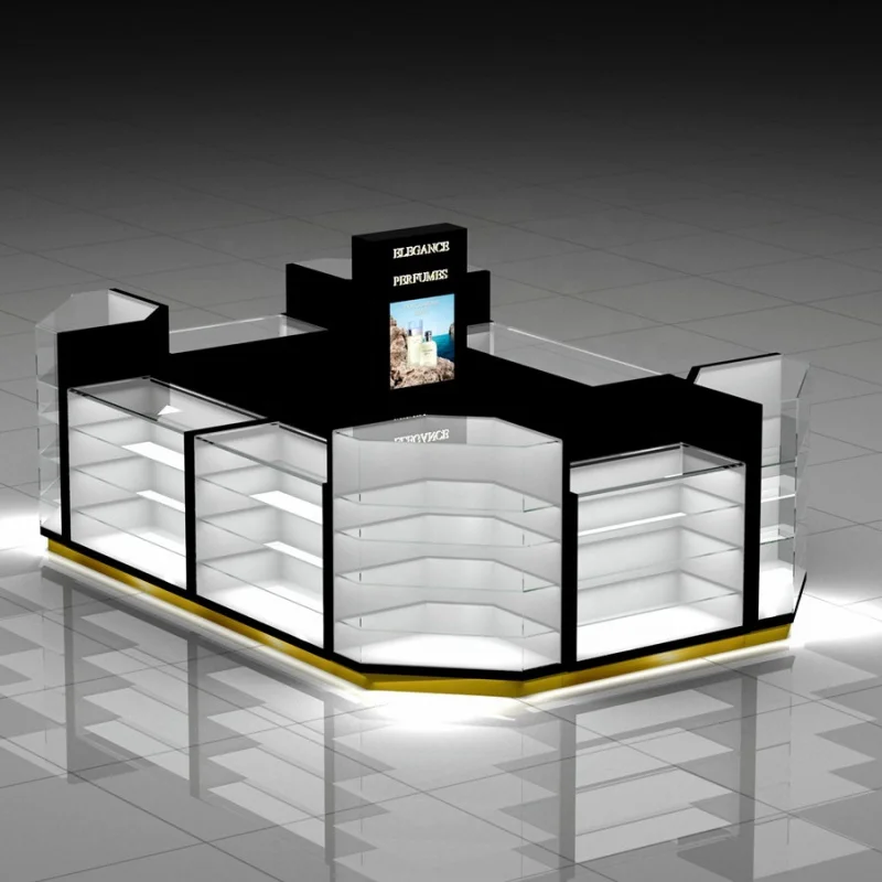 

custom.Factory Price Jewelry Store Showcase Black Glass Counter Perfume Kiosk Booth for Shopping Mall